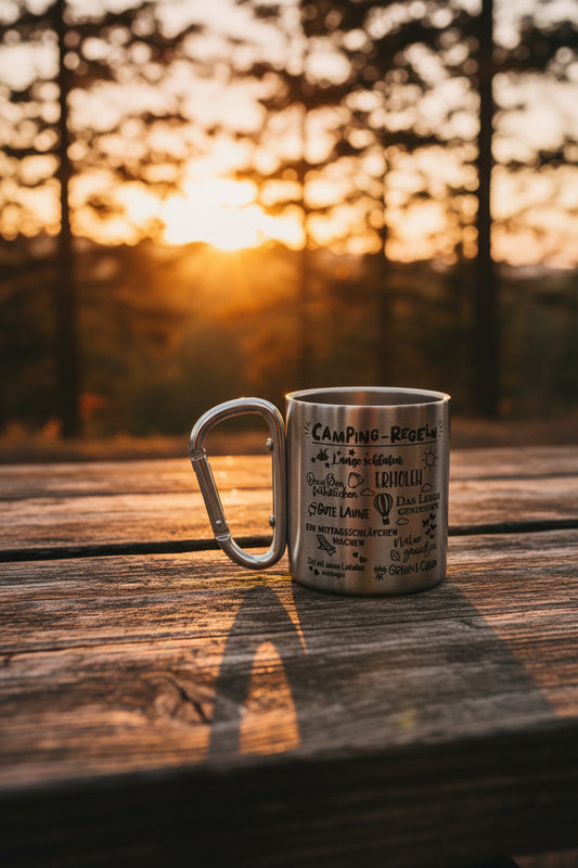 Edelstahlbecher mit Karabinerhaken “Camping-Regeln” – Maritime Camping Tasse aus Edelstahl (Kopie)