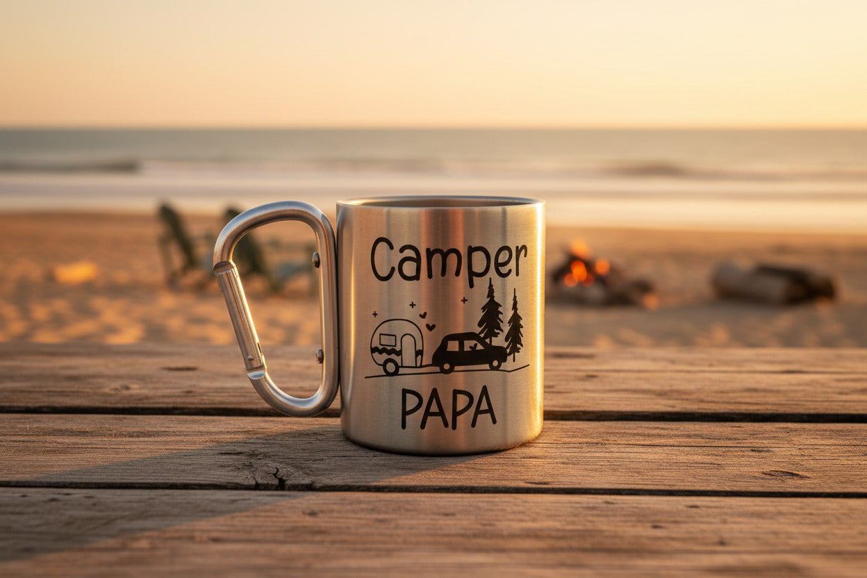 Camper Edelstahlbecher mit Karabiner | Papa Mama Oma Opa Camping Tasse
