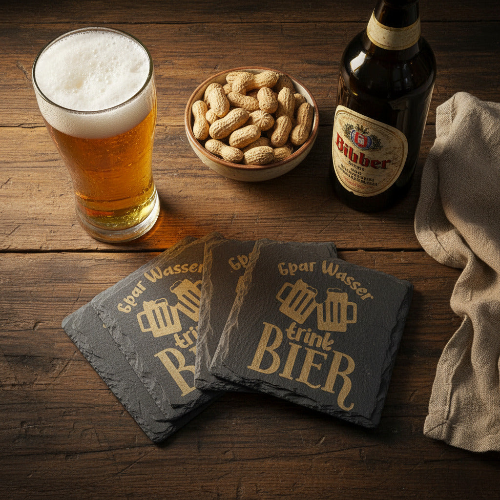 Schieferuntersetzer mit Bier Sprüchen - graviert - Geschenk für Gäste, Familie & Zuhause