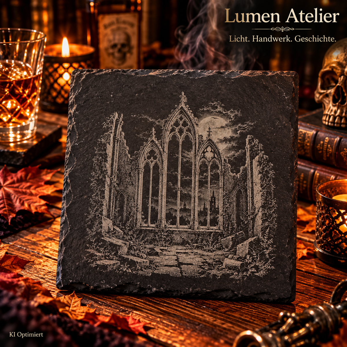 Quadratischer Schieferuntersetzer mit detailreicher Gravur einer verfallenen gotischen Kathedrale mit drei hohen Spitzbogenfenstern, Mauerresten und einem steinernen Weg.