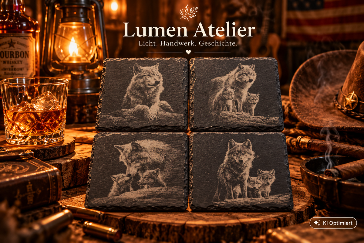 Slate Coaster with Wolf Engraving – Laser Engraved – Rustic Bar Decor