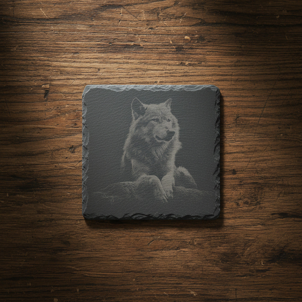 Slate Coaster with Wolf Engraving – Laser Engraved – Rustic Bar Decor