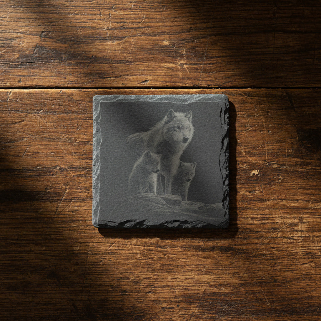 Slate Coaster with Wolf Engraving – Laser Engraved – Rustic Bar Decor