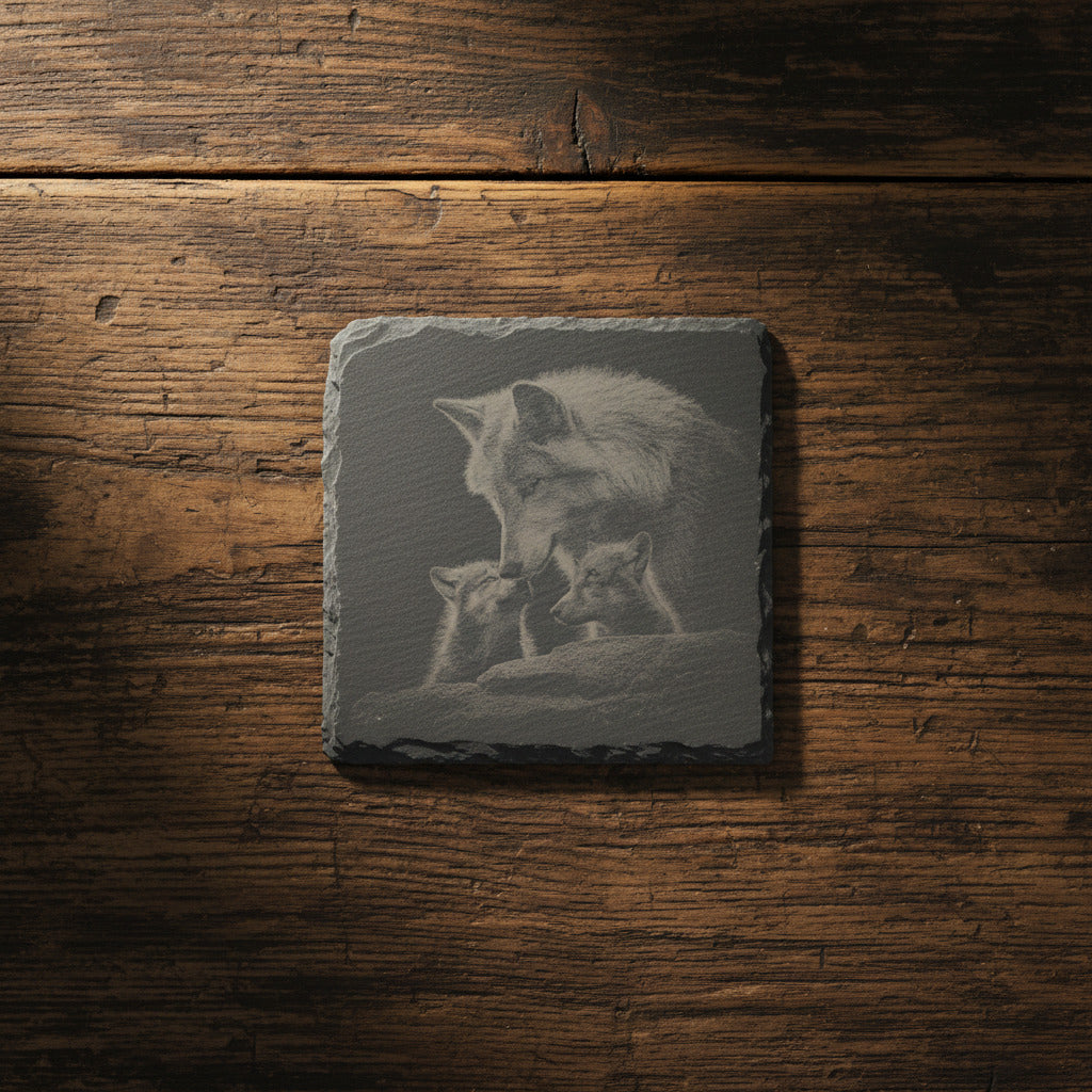 Slate Coaster with Wolf Engraving – Laser Engraved – Rustic Bar Decor