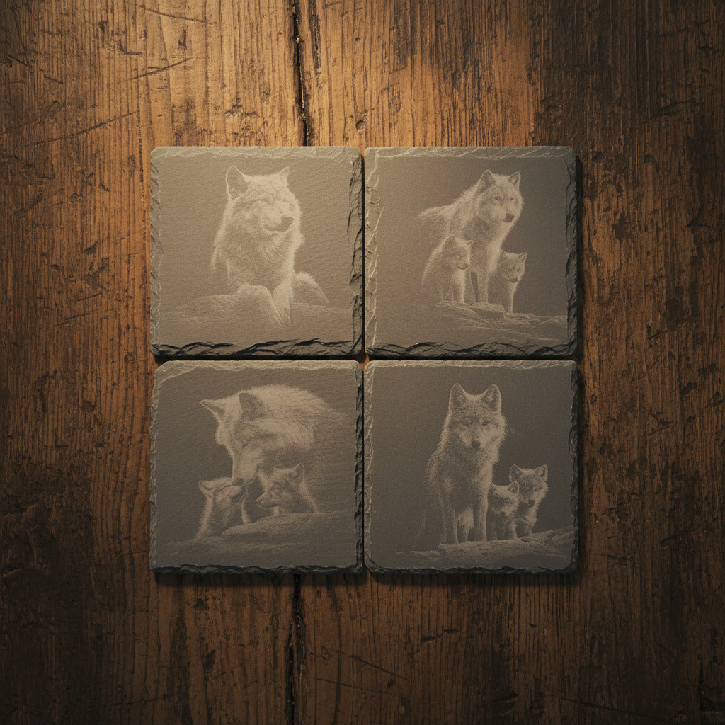 Slate Coaster with Wolf Engraving – Laser Engraved – Rustic Bar Decor
