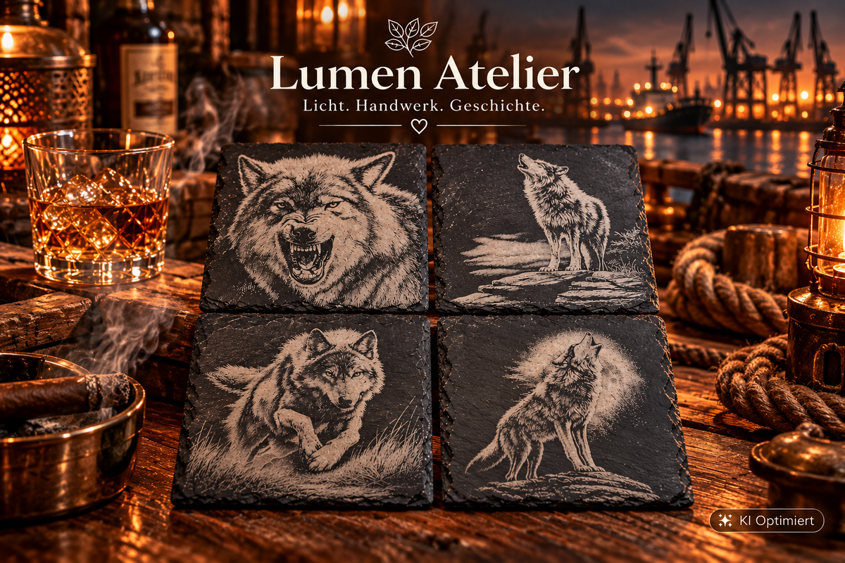 Slate Coaster with Wolf Engraving – Laser Engraved – Rustic Bar Decor