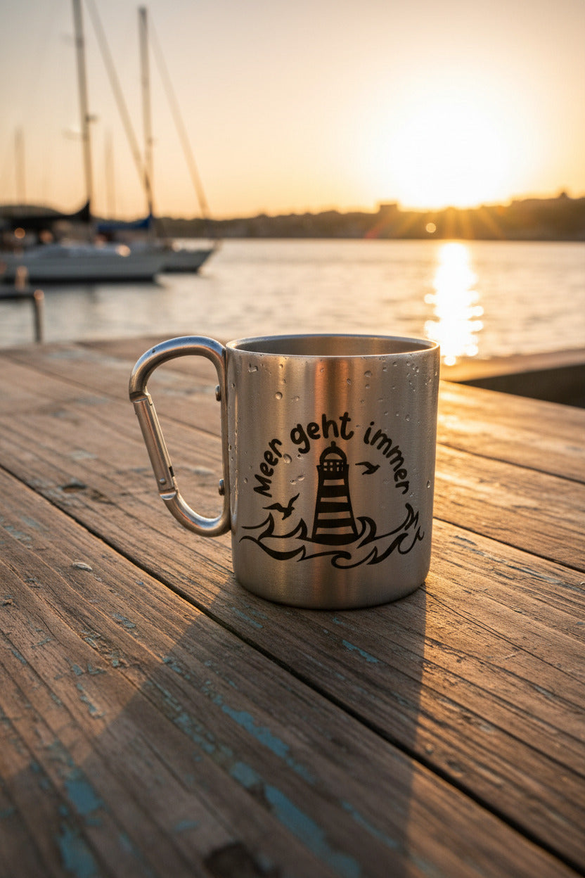 Edelstahlbecher mit Karabinerhaken “Meer geht immer” – Maritime Camping Tasse aus Edelstahl