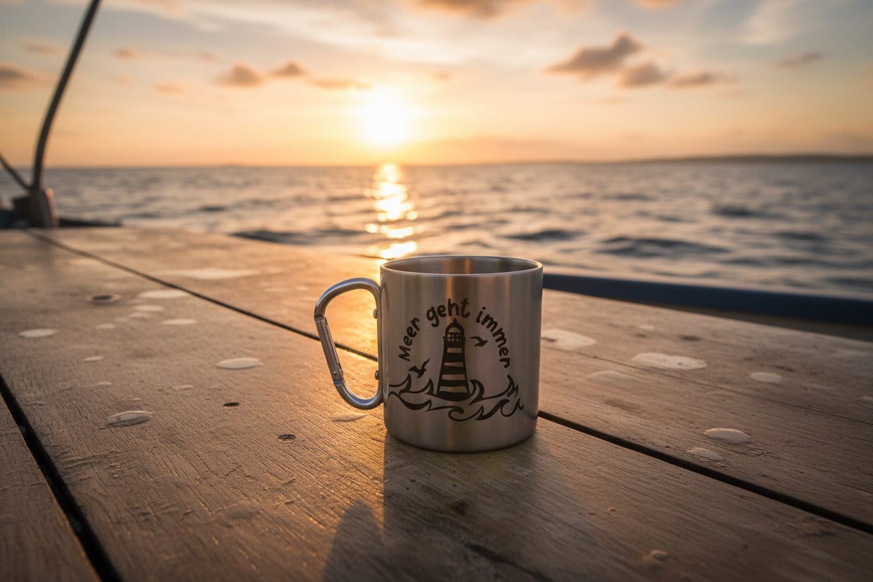 Edelstahlbecher mit Karabinerhaken “Meer geht immer” – Maritime Camping Tasse aus Edelstahl