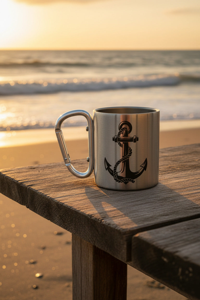 Edelstahlbecher mit Karabinerhaken “Anker” – Maritime Camping Tasse aus Edelstahl