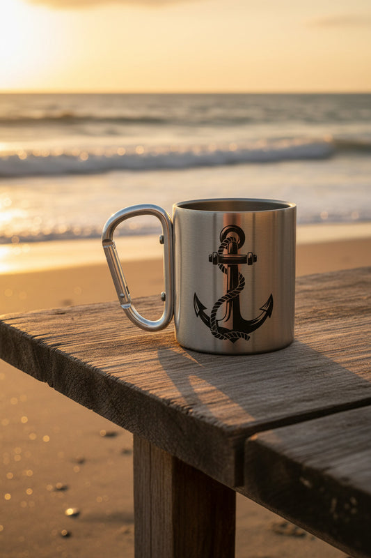 Edelstahlbecher mit Karabinerhaken “Anker” – Maritime Camping Tasse aus Edelstahl