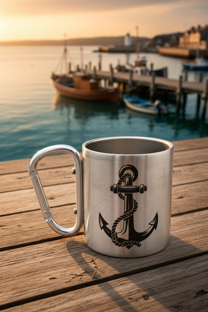 Edelstahlbecher mit Karabinerhaken “Anker” – Maritime Camping Tasse aus Edelstahl