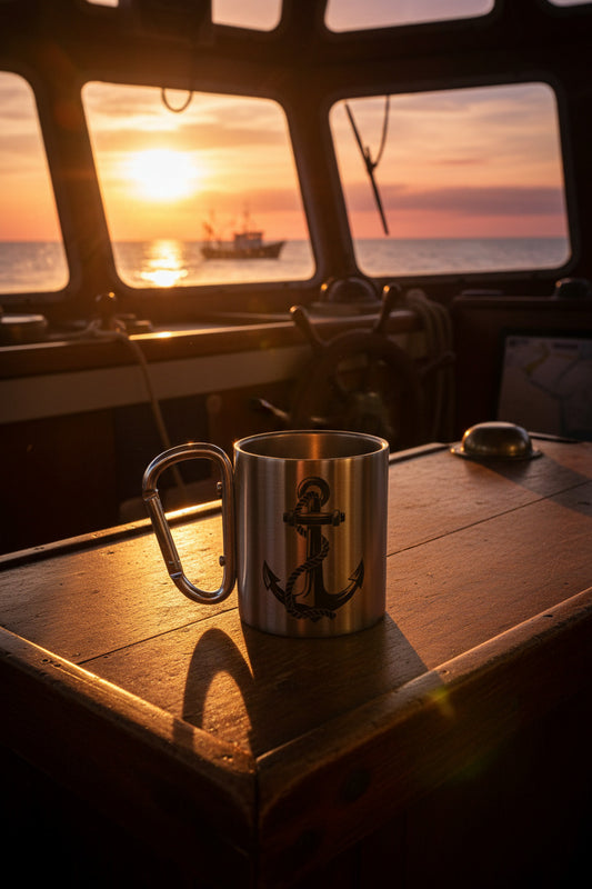 Edelstahlbecher mit Karabinerhaken “Anker” – Maritime Camping Tasse aus Edelstahl