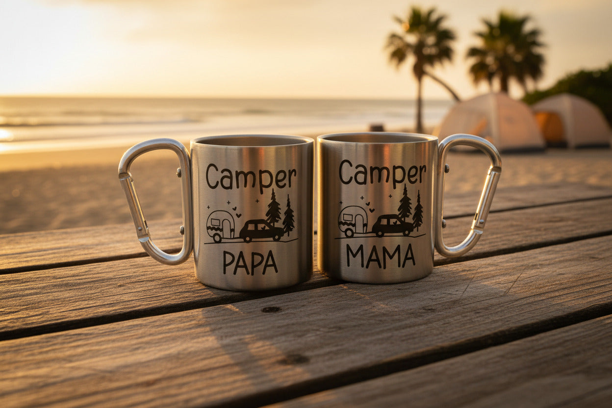 Camper Edelstahlbecher mit Karabiner | Papa Mama Oma Opa Camping Tasse