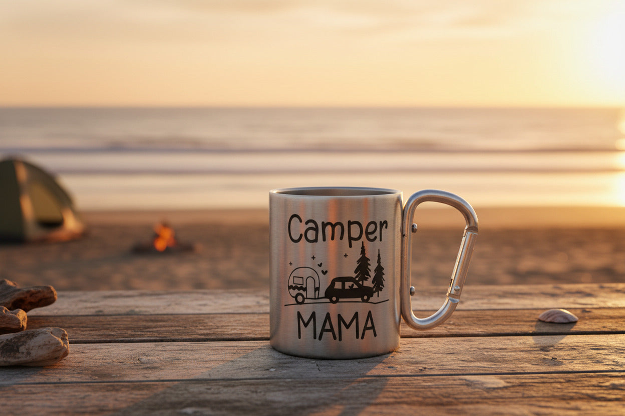 Camper Edelstahlbecher mit Karabiner | Papa Mama Oma Opa Camping Tasse