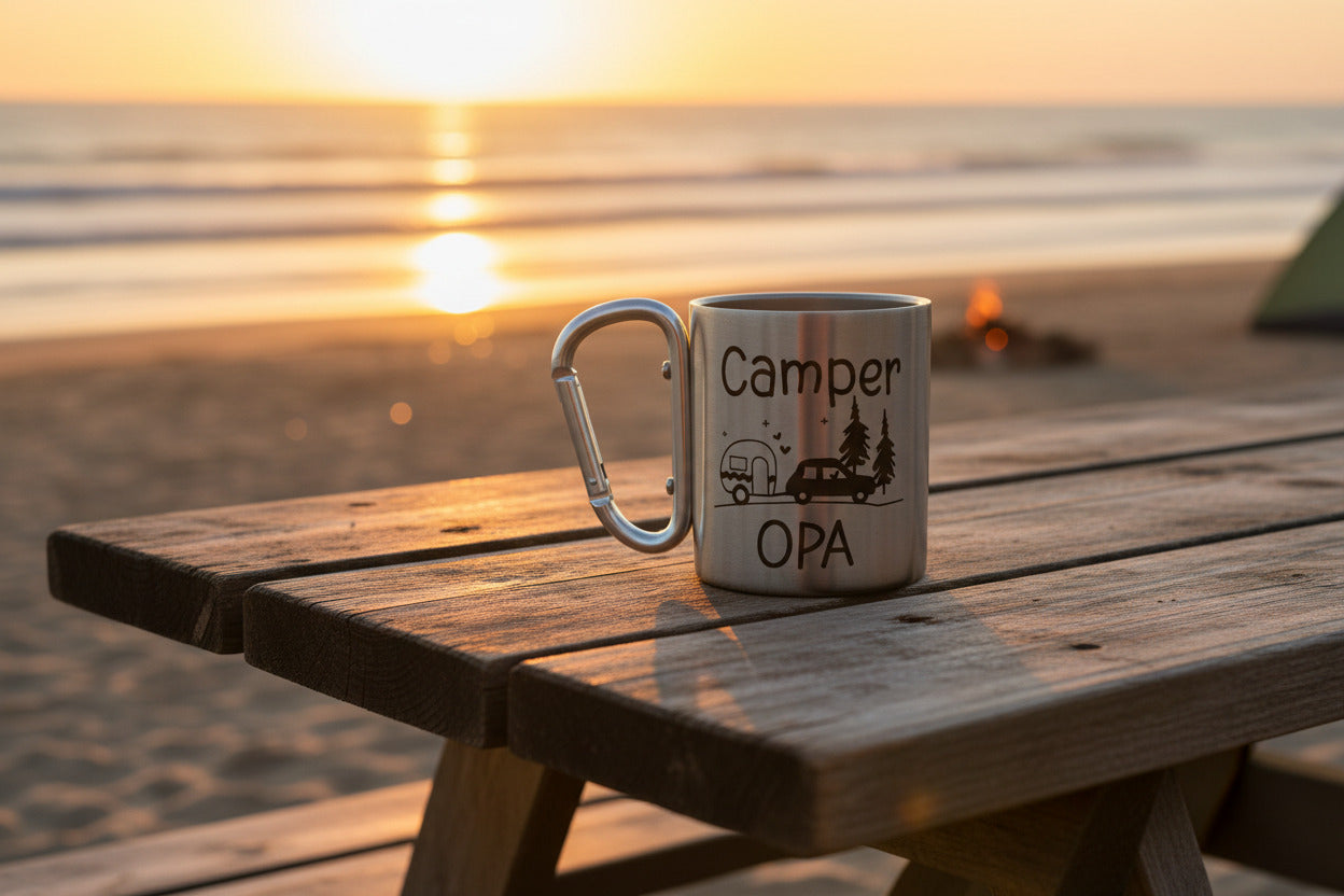 Camper Edelstahlbecher mit Karabiner | Papa Mama Oma Opa Camping Tasse