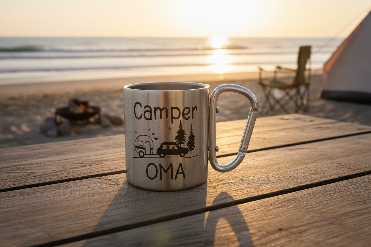 Camper Edelstahlbecher mit Karabiner | Papa Mama Oma Opa Camping Tasse
