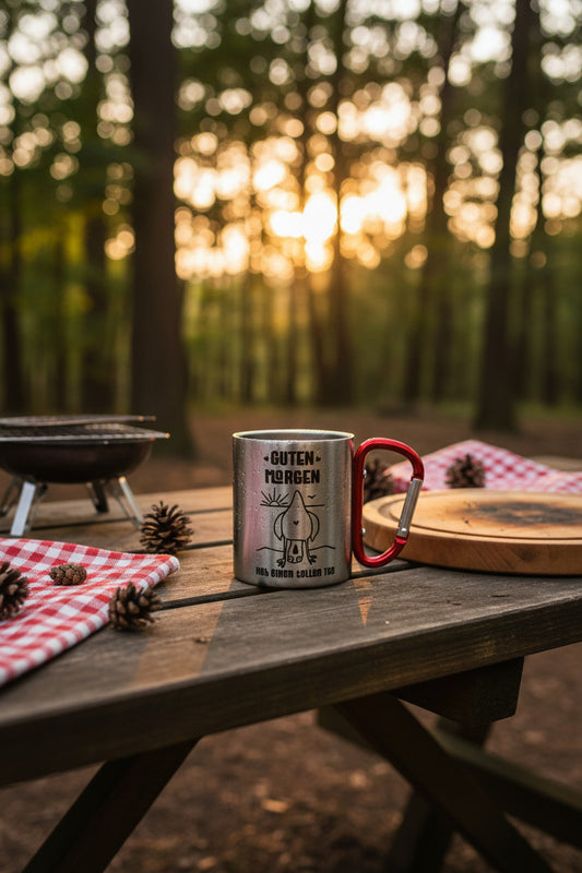 Guten Morgen Edelstahlbecher 220ml mit Karabinergriff – Outdoor Camping Kaffeebecher