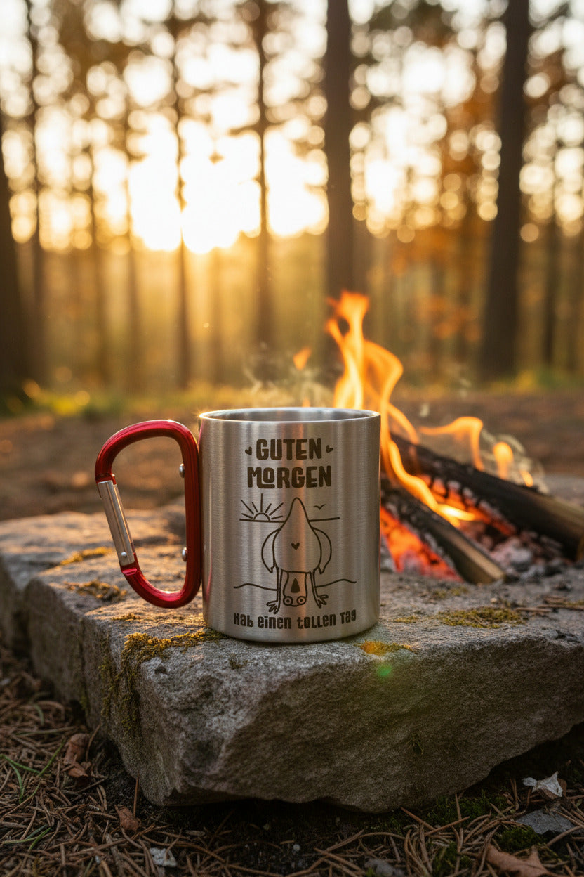Guten Morgen Edelstahlbecher 220ml mit Karabinergriff – Outdoor Camping Kaffeebecher
