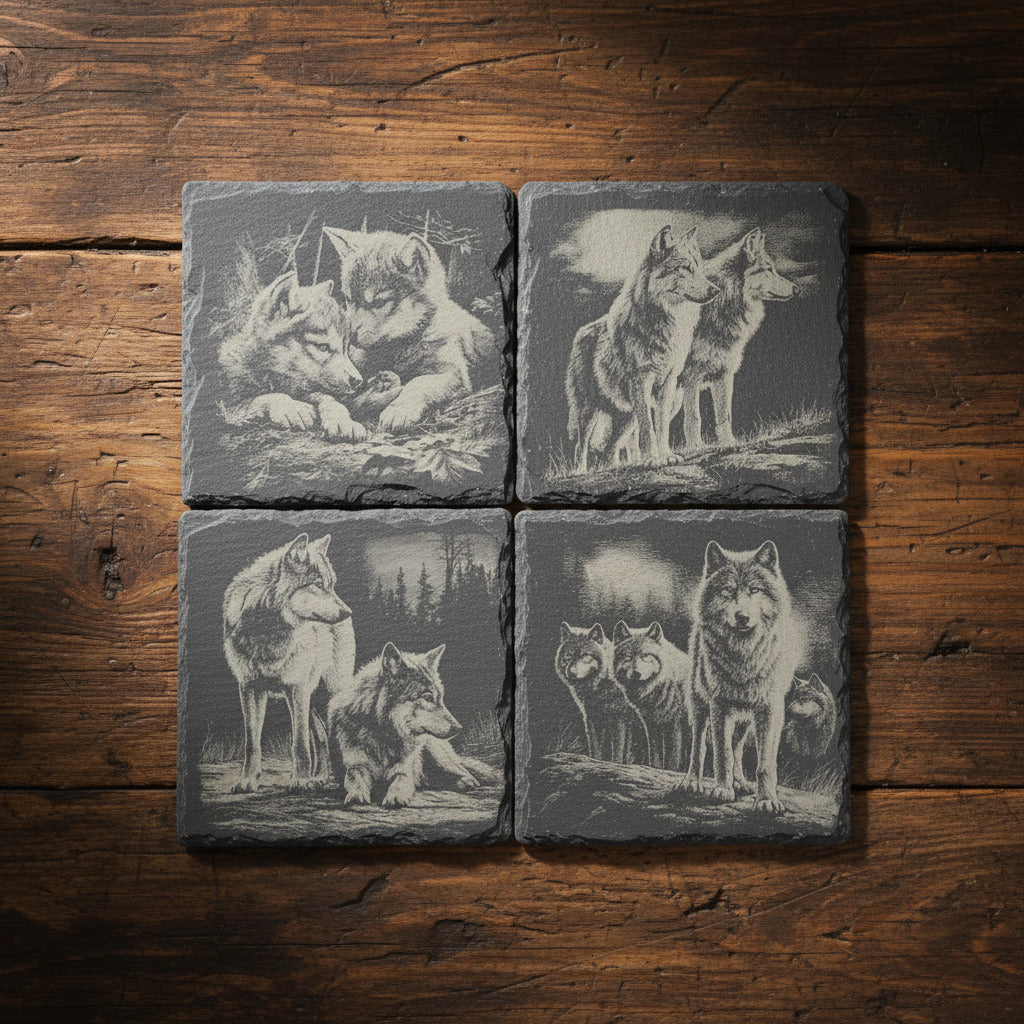 Slate Coaster with Wolf Engraving – Laser Engraved – Rustic Bar Decor