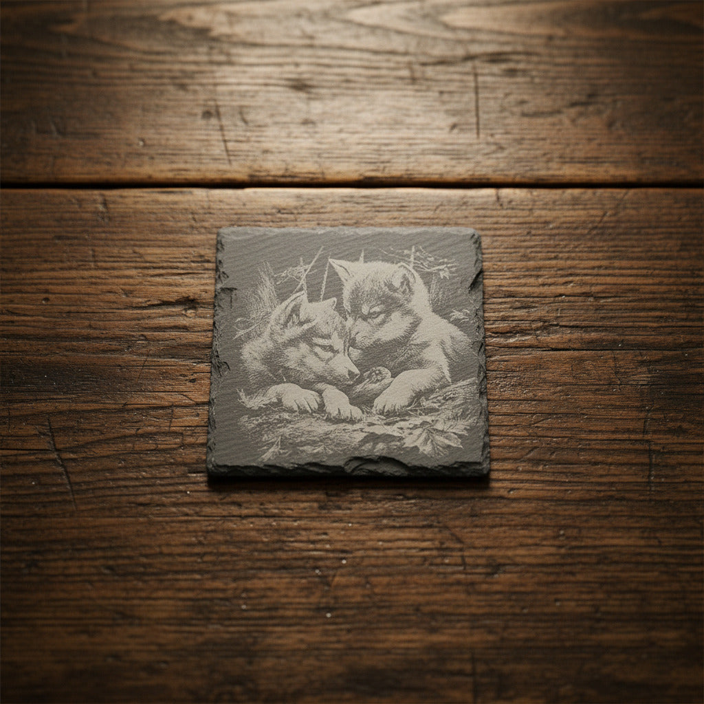 Slate Coaster with Wolf Engraving – Laser Engraved – Rustic Bar Decor