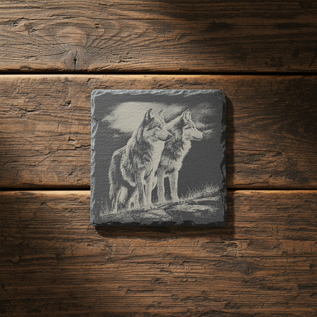 Slate Coaster with Wolf Engraving – Laser Engraved – Rustic Bar Decor