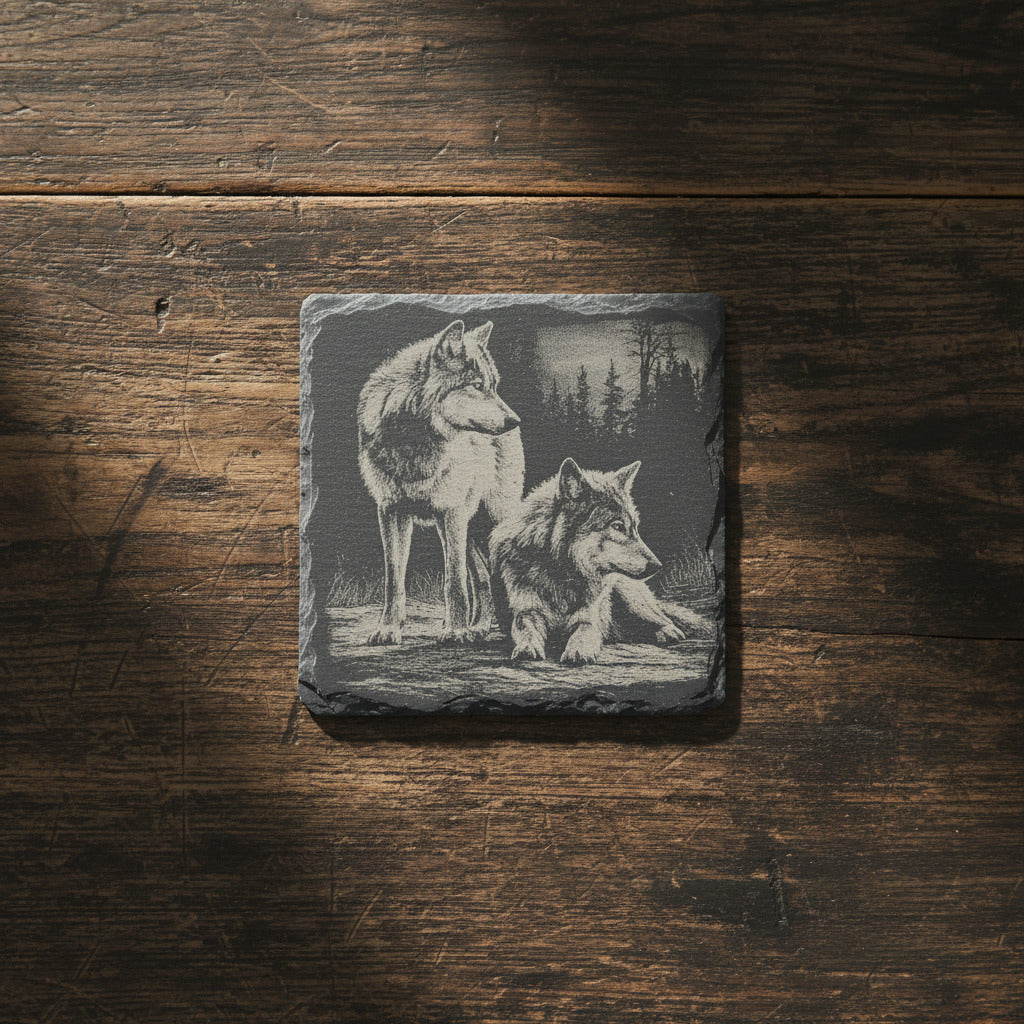 Slate Coaster with Wolf Engraving – Laser Engraved – Rustic Bar Decor