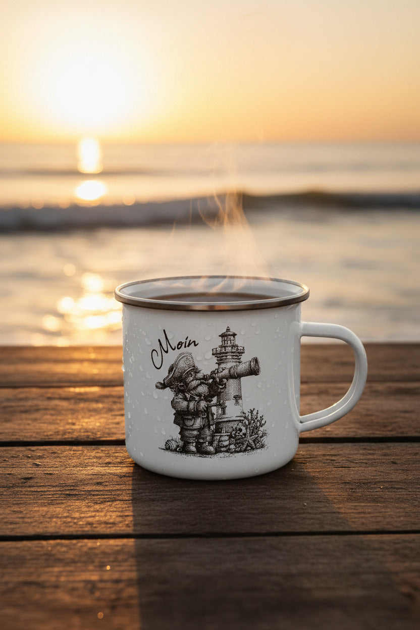 Weißer Emaille Becher mit silbernem Rand und Henkel. Auf der Vorderseite befindet sich eine schwarz gezeichnete maritime Illustration mit einem kleinen Seemann, der durch ein Fernrohr blickt, neben einem Leuchtturm. Darüber steht der Schriftzug „Moin“. Der Becher fasst ca. 380 ml und eignet sich für Büro, Camping und den täglichen Kaffeegenuss.