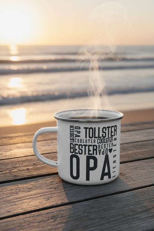 Weißer Emaille Becher mit silbernem Rand und Henkel. Auf der Vorderseite befindet sich ein modernes schwarzes Typografie-Design mit den Worten „OPA“, „Bester“, „Tollster“, „Coolster“ und „Liebster“. Der Becher hat ein Fassungsvermögen von ca. 380 ml und eignet sich als Geschenk für Großväter, für Büro, Homeoffice, Camping oder Freizeit.