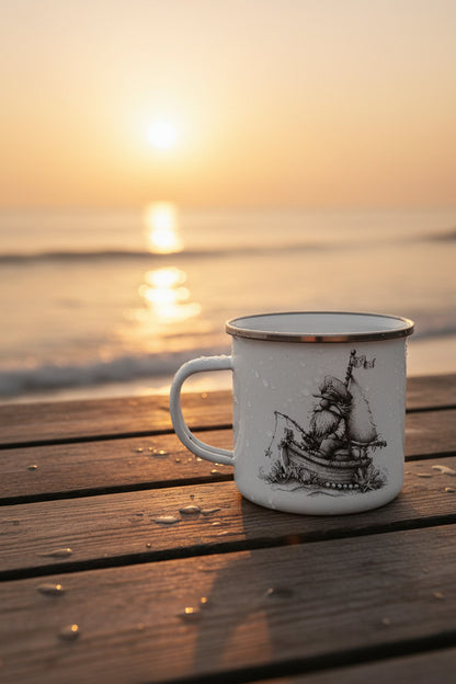 Nautical Enamel Mug with Coastal Gnome Motif – "Moin" Mug | Sailboat, Anchor or Lighthouse | Camping & Coast Lover Gift