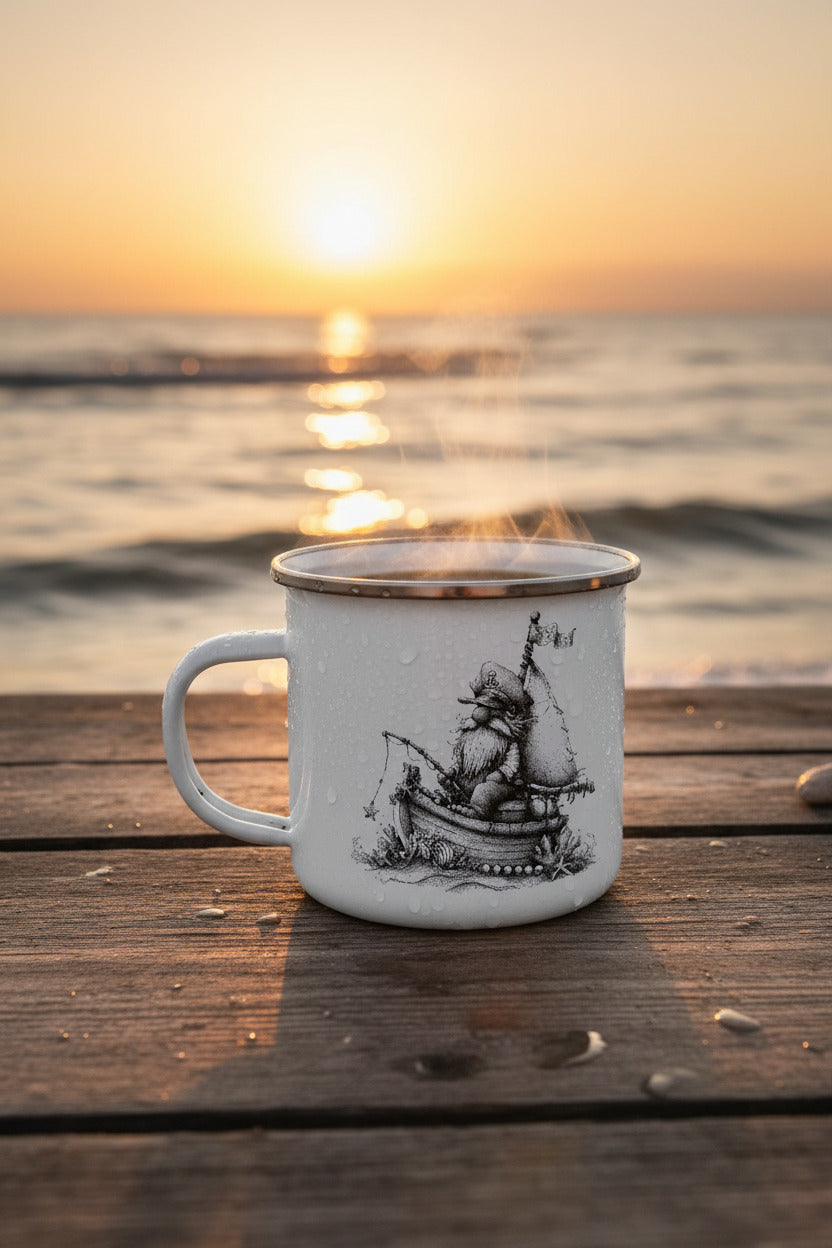 Nautical Enamel Mug with Coastal Gnome Motif – "Moin" Mug | Sailboat, Anchor or Lighthouse | Camping & Coast Lover Gift