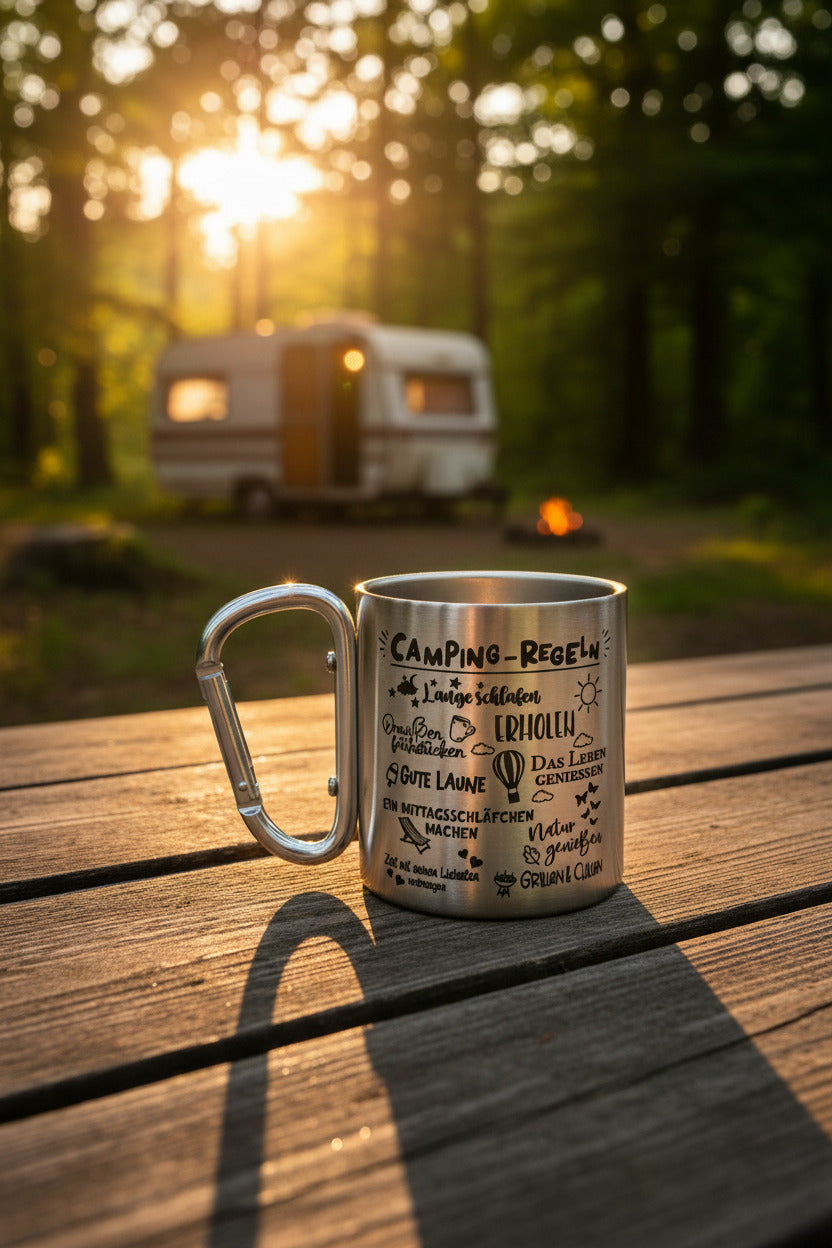 Edelstahlbecher mit Camping-Regeln