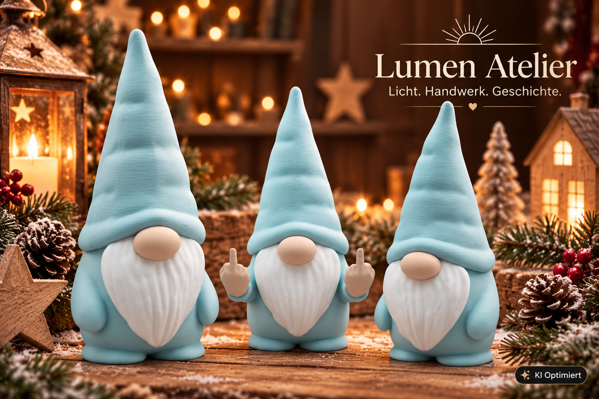 Drei 3D-gedruckte Weihnachtswichtel mit hohen, spitz zulaufenden Zipfelmützen, runden Nasen und langen, strukturierten Bärten stehen nebeneinander auf einem Holztisch. Der mittlere Wichtel zeigt mit beiden Händen den ausgestreckten Mittelfinger. Im Hintergrund befinden sich eine Laterne, Tannenzweige, Zapfen, Weihnachtslichter und winterliche Dekoration.