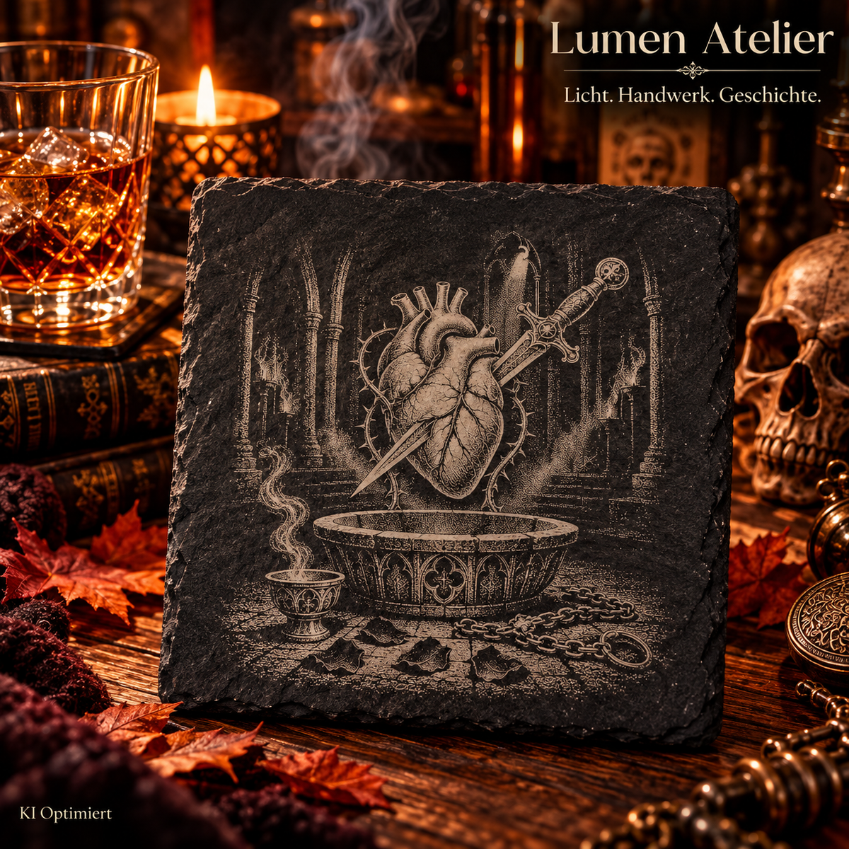 Gravierter Schieferuntersetzer mit anatomischem Herzen, das von einem Dolch durchbohrt wird, umgeben von gotischen Säulen, einem verzierten Steinbecken und einer Kette.