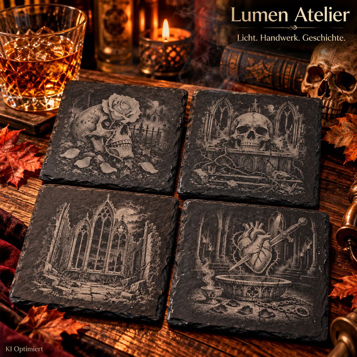 Vier quadratische Schieferuntersetzer mit gravierten Gothic-Motiven: Totenkopf mit Rose, Schädel zwischen gotischen Ruinen, verfallene Kathedrale und anatomisches Herz mit Dolch.