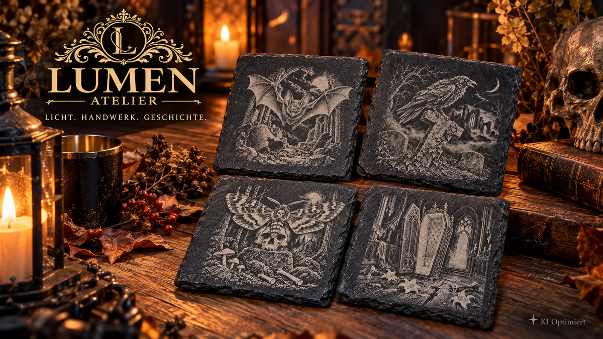 Vier quadratische Schieferuntersetzer mit gravierten Gothic-Motiven liegen in einer Zweierreihe auf einer Holzoberfläche. Dargestellt sind eine Fledermaus, ein Rabe auf einem Friedhof, ein Nachtfalter über einem Schädel und ein geöffneter Sarg in einer gotischen Halle.