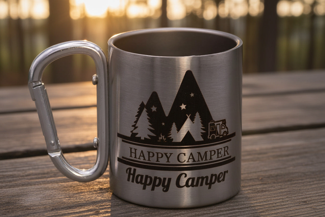 Personalisierter Camping Edelstahlbecher 220ml mit Karabiner | Outdoor Tasse mit Wunschtext | Camper Geschenk