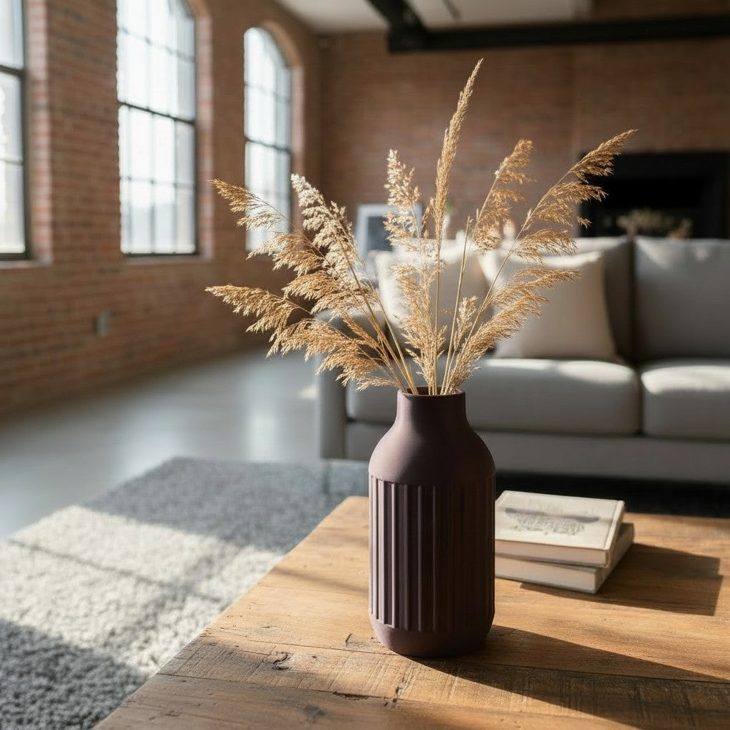 Industrial 3D gedruckte Vase – Moderne geriffelte Design Vase im Loft Stil in Weiß, Bronze & Mystic Brown – Minimalistische Wohnzimmer Deko