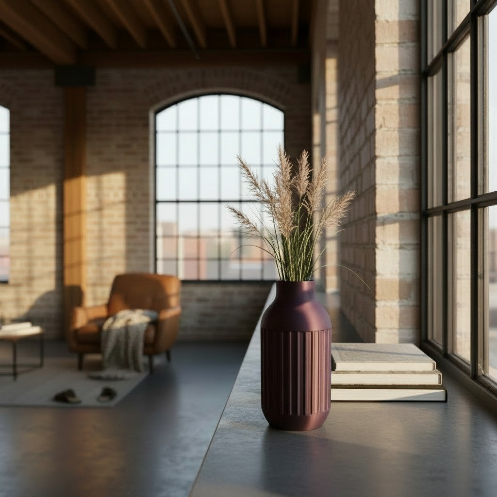 Industrial 3D gedruckte Vase – Moderne geriffelte Design Vase im Loft Stil in Weiß, Bronze & Mystic Brown – Minimalistische Wohnzimmer Deko