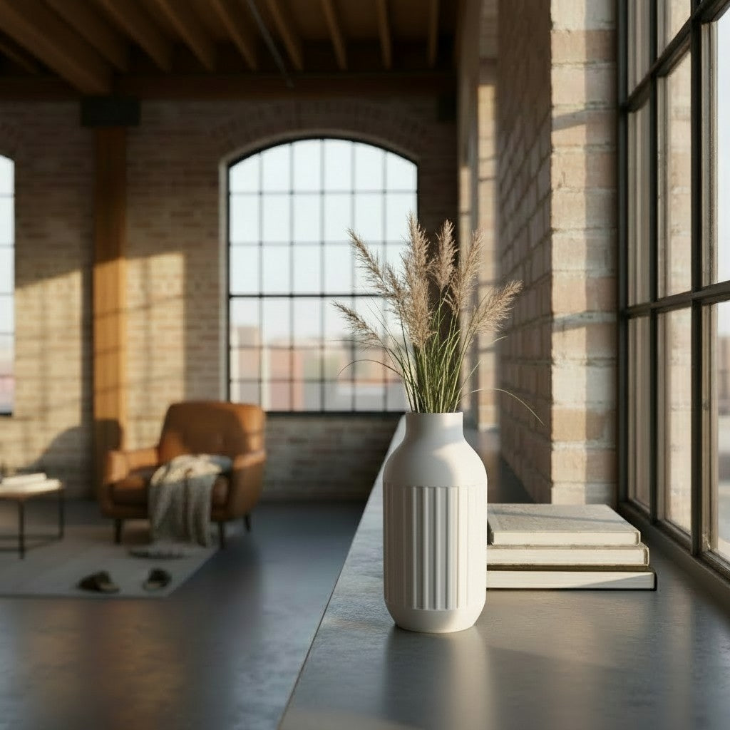 Industrial 3D gedruckte Vase – Moderne geriffelte Design Vase im Loft Stil in Weiß, Bronze & Mystic Brown – Minimalistische Wohnzimmer Deko