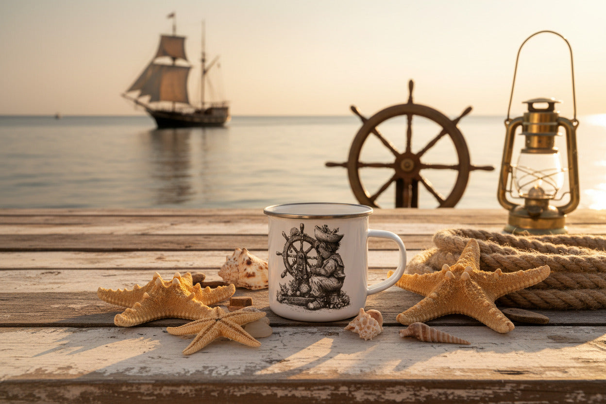 Weißer Emaillebecher mit nostalgischer Schwarz-Weiß-Zeichnung eines Kindes am Schiffssteuerrad, umgeben von Muscheln und maritimen Details.