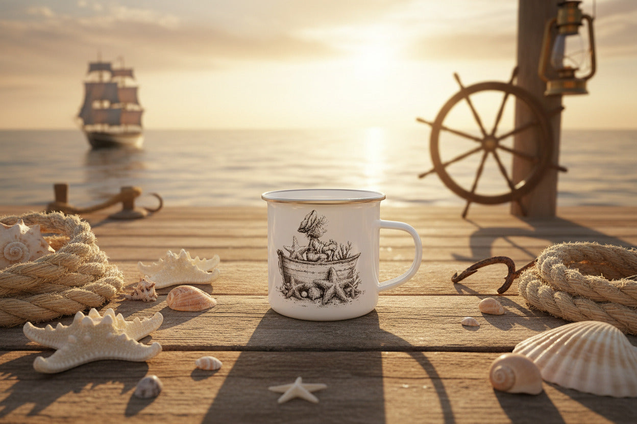 Weißer Emaillebecher mit nostalgischer Illustration eines Kindes in einem kleinen Holzboot zwischen Seesternen und Muscheln.