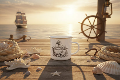 Weißer Emaillebecher mit nostalgischer Illustration eines Kindes in einem kleinen Holzboot zwischen Seesternen und Muscheln.