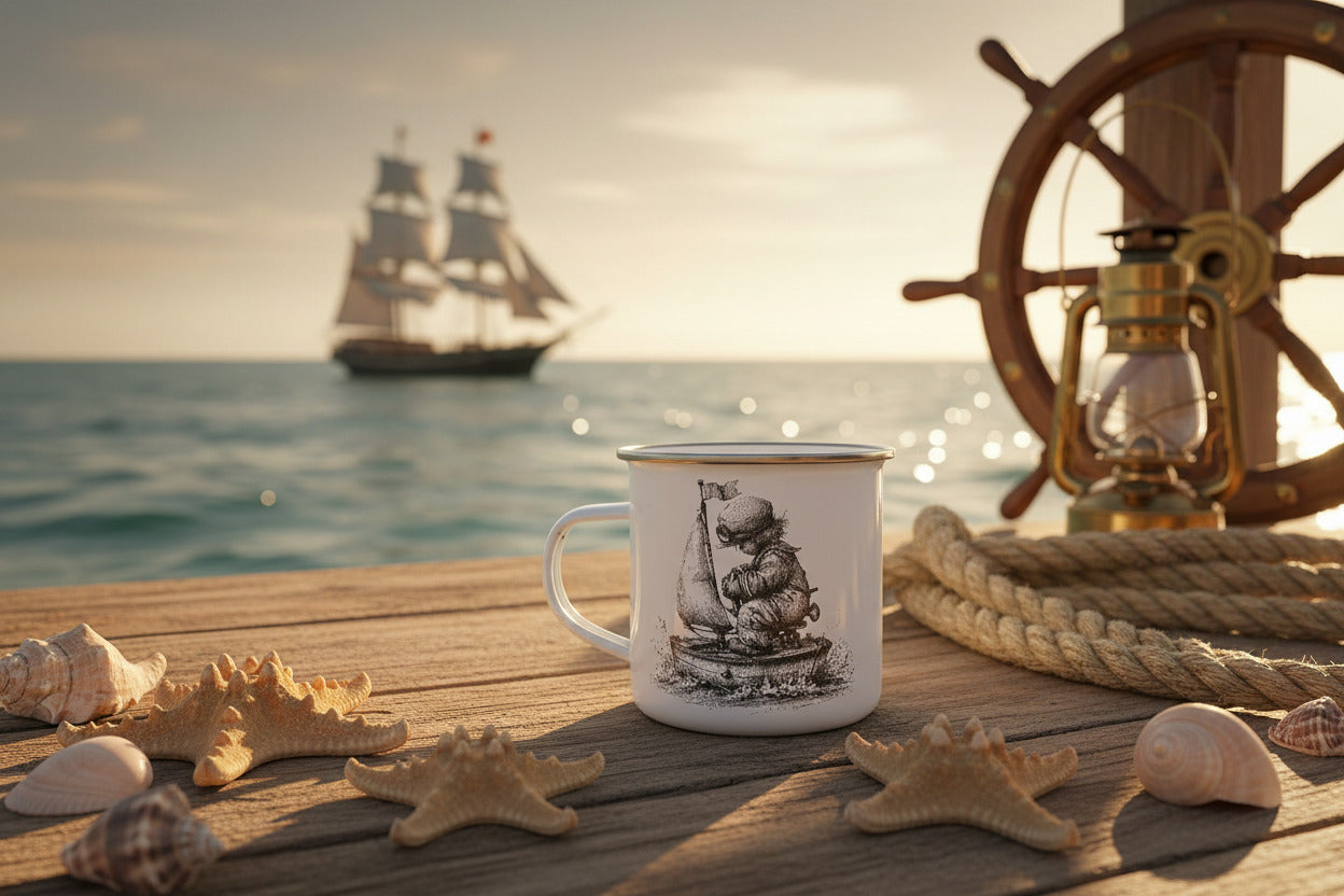 Weißer Emaillebecher mit nostalgischer Illustration eines Kindes in einem kleinen Segelboot mit gehisster Flagge.
