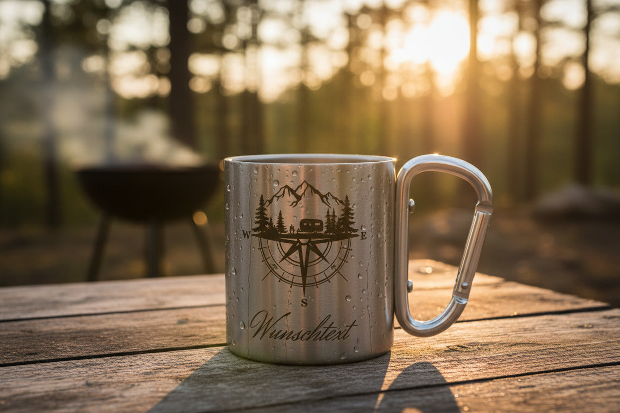 Personalisierter Camping Edelstahlbecher 220ml mit Karabiner | Outdoor Tasse mit Wunschtext | Camper Geschenk