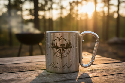 Personalisierter Camping Edelstahlbecher 220ml mit Karabiner | Outdoor Tasse mit Wunschtext | Camper Geschenk