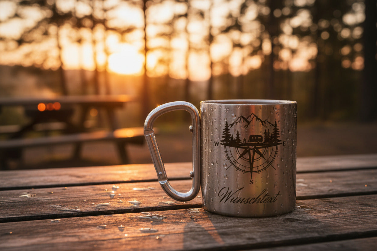 Edelstahlbecher mit dem Motiv Kompass und Berge und Tannenbäume im Hintergrund. Diese Becher ist personalisierbar.