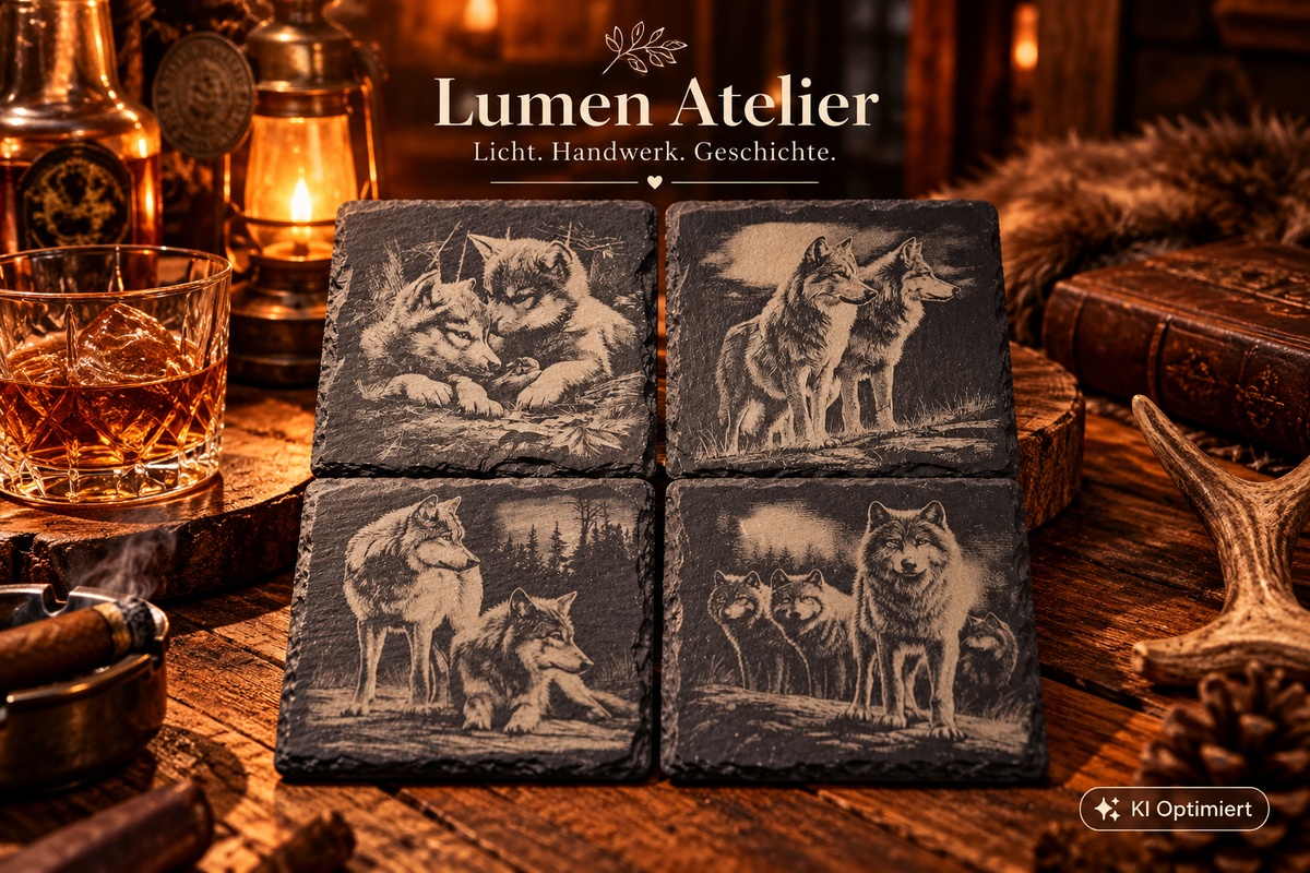 Slate Coaster with Wolf Engraving – Laser Engraved – Rustic Bar Decor
