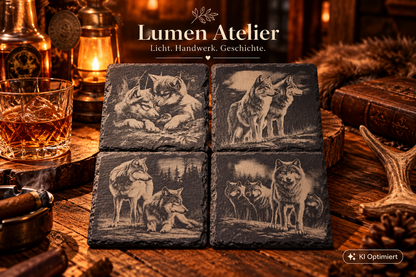 Slate Coaster with Wolf Engraving – Laser Engraved – Rustic Bar Decor