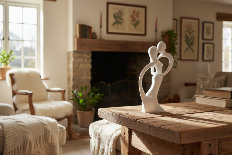 Abstrakte Liebesskulptur Diese außergewöhnliche Designskulptur verkörpert Nähe, Vertrauen und zeitlose Eleganz. Zwei abstrakte Figuren verschmelzen in einer fließenden Umarmung, gehalten von harmonischen Linien und einer offenen Form, die Raum für Interpretation lässt. 