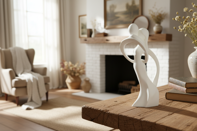 Abstrakte Liebesskulptur Diese außergewöhnliche Designskulptur verkörpert Nähe, Vertrauen und zeitlose Eleganz. Zwei abstrakte Figuren verschmelzen in einer fließenden Umarmung, gehalten von harmonischen Linien und einer offenen Form, die Raum für Interpretation lässt. 